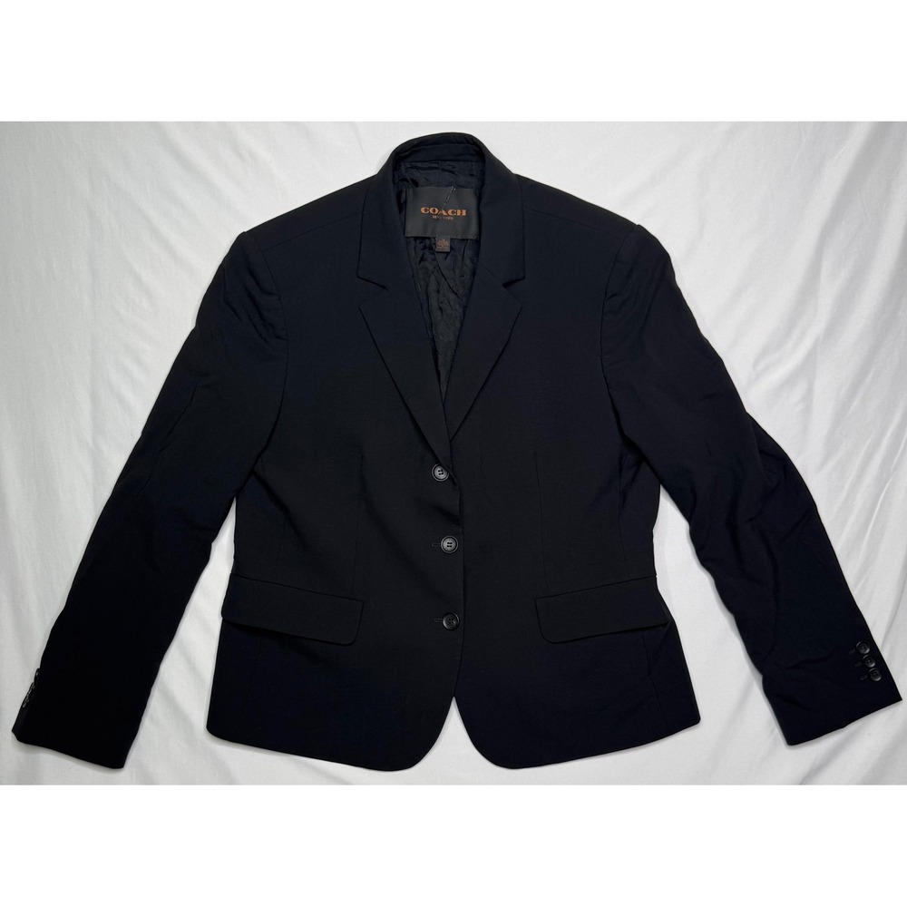 Coach New York Womens Black Wool Blend 3-Button Tailored Blazer Jacket Size 12